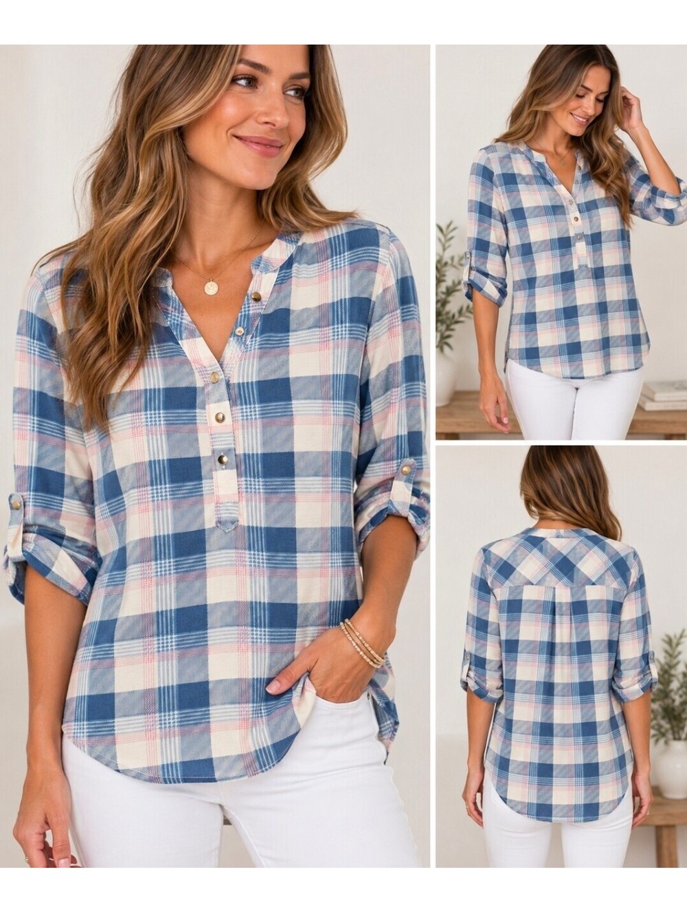 Eden & Olivia Women’s Medium Blue Pink Plaid Roll Tab Sleeve Tunic Blouse